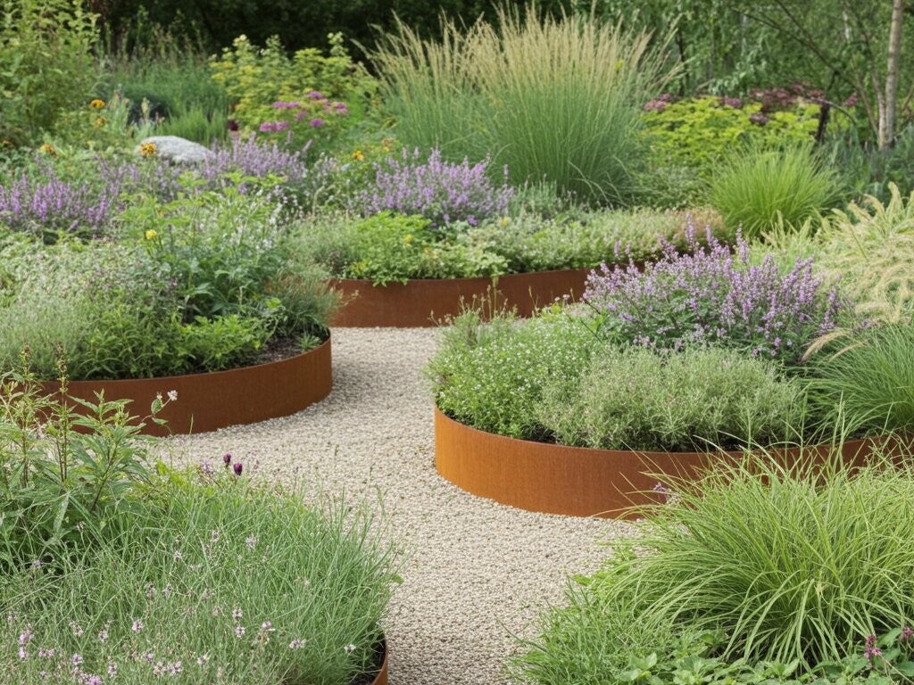 Flere runde bedringe i cortenstål med stauder og prydgræsser i have