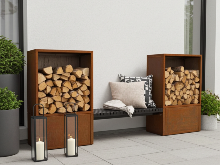 To brændeskjul i cortenstål med integreret bænk og stablet brænde, placeret i et hyggeligt udemiljø med lanterner.