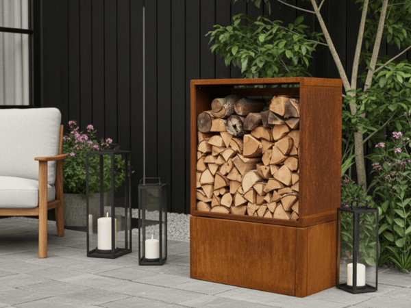Brændeskjul i cortenstål med synligt, stablet brænde, placeret på en moderne terrasse med lanterner og grøn beplantning.