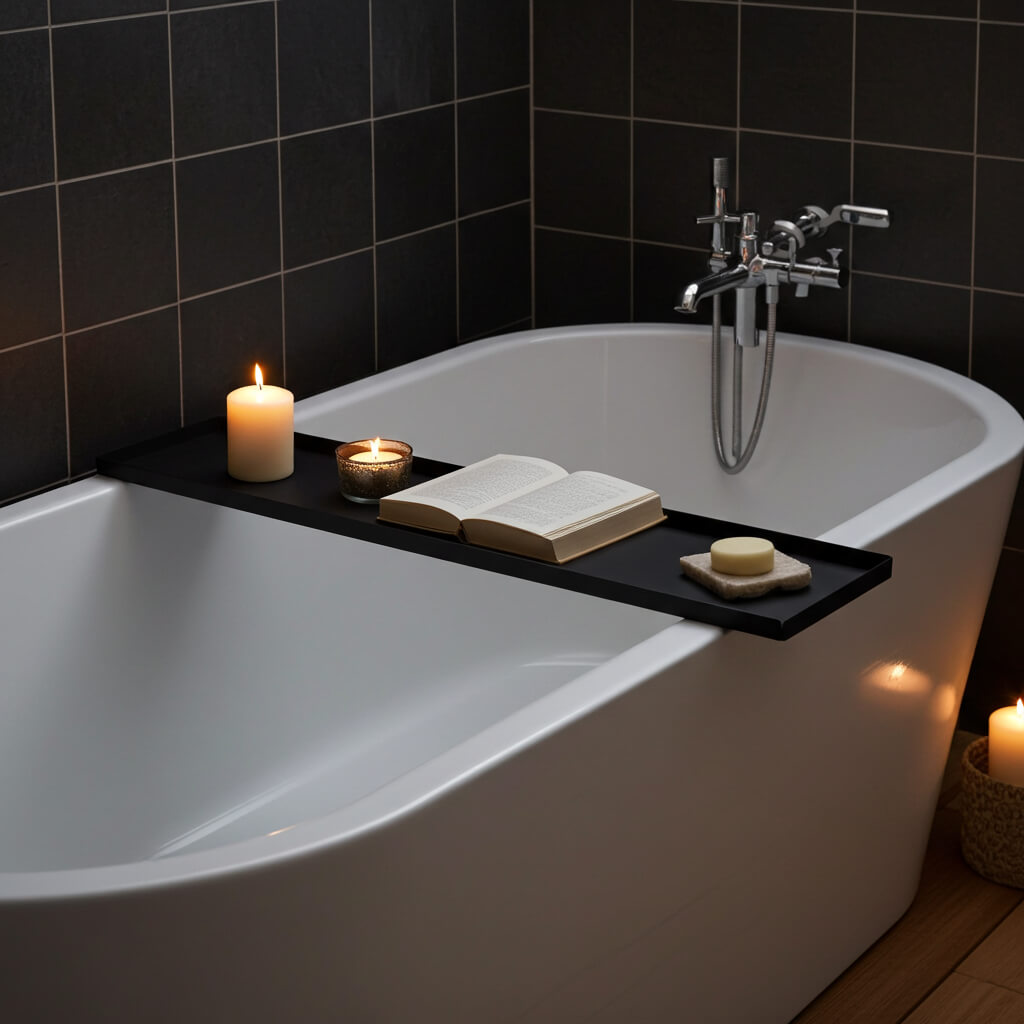 Sortlakeret badekarhylde i stål på tværs af badekar med bog og stearinlys i spa-inspireret badeværelse