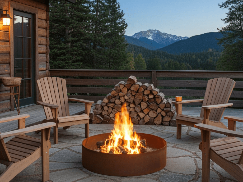 Cortenstål bålfad på terrasse foran bjælkehytte med udsigt til bjerge.