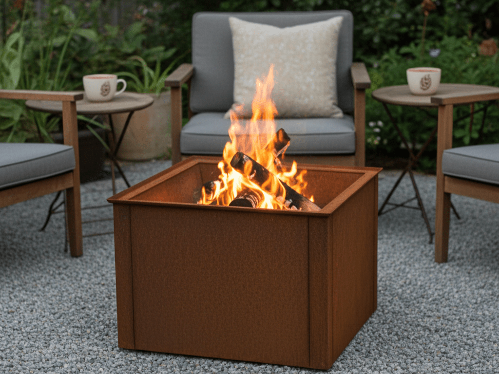 Firkantet CUBY bålfad i cortenstål placeret i loungeområde med havestole.