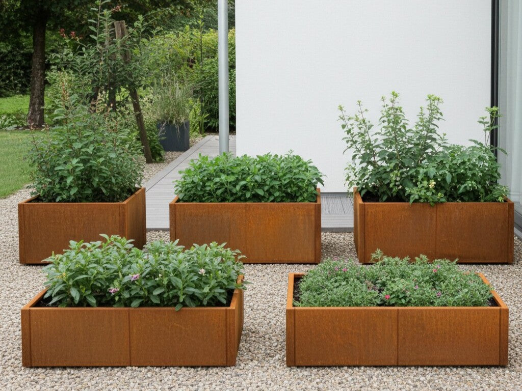 Rektangulært byJEMA CUBY højbed i cortenstål til blomster og planter