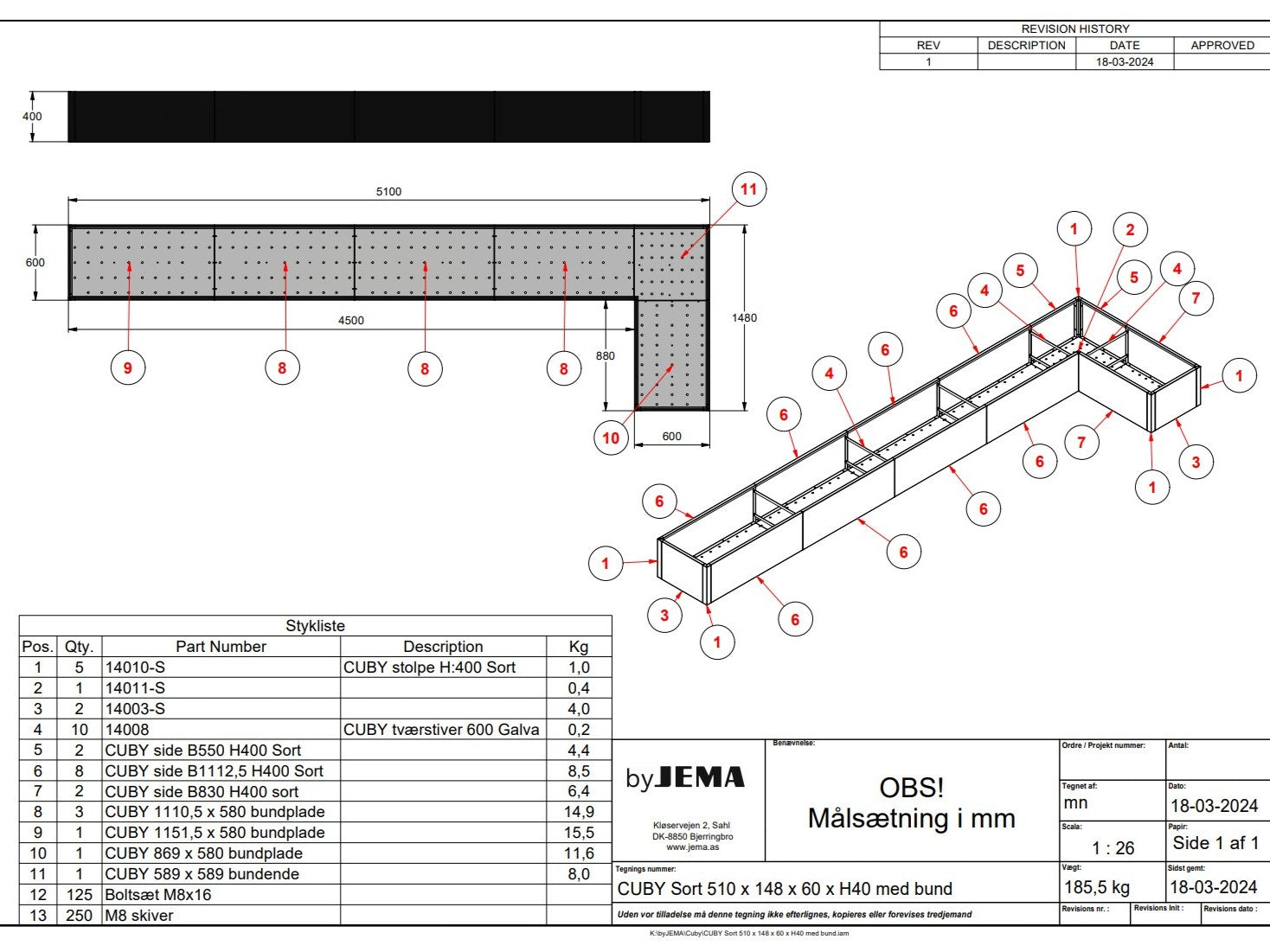Teknisk tegning af byJEMA CUBY L-formet højbed i sortlakeret stål på specialmål