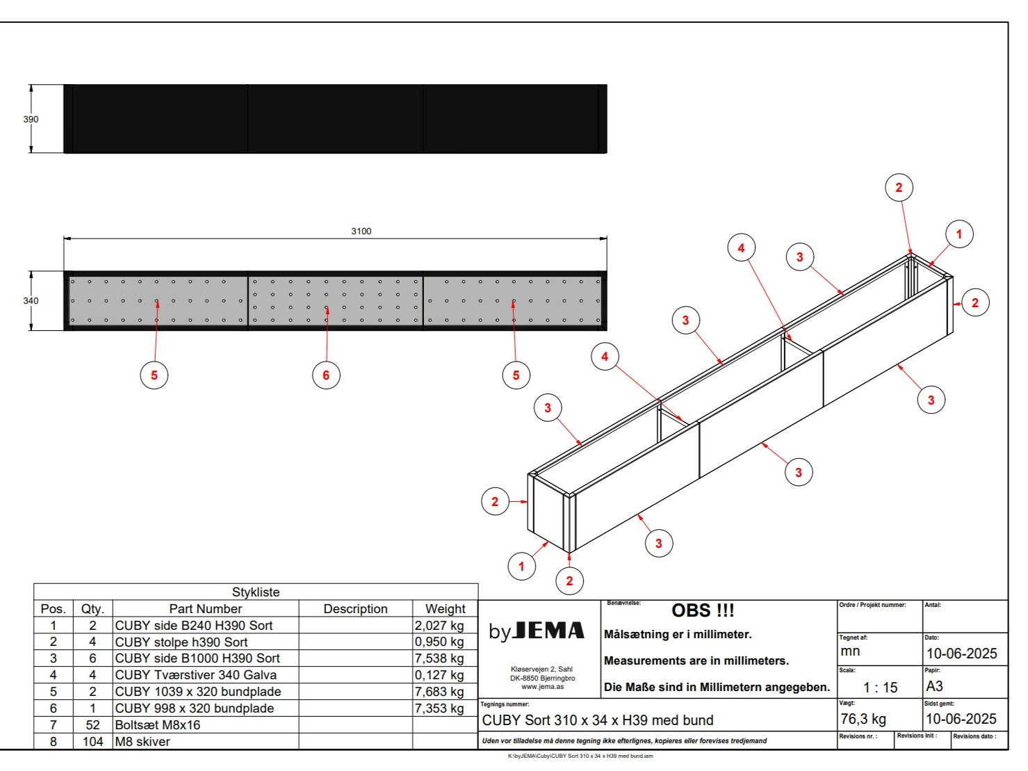 Teknisk konstruktionstegning af byJEMA CUBY plantekasse i sortlakeret stål på specialmål