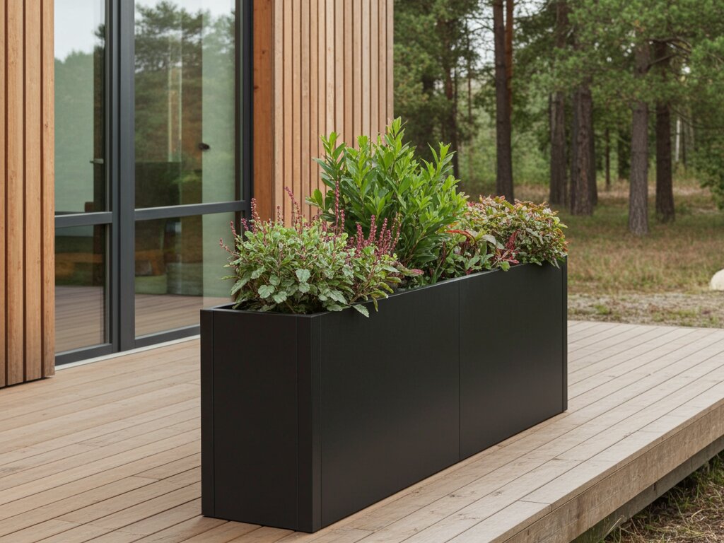 byJEMA CUBY plantekasse i sortlakeret stål på specialmål med planter på moderne træterrasse