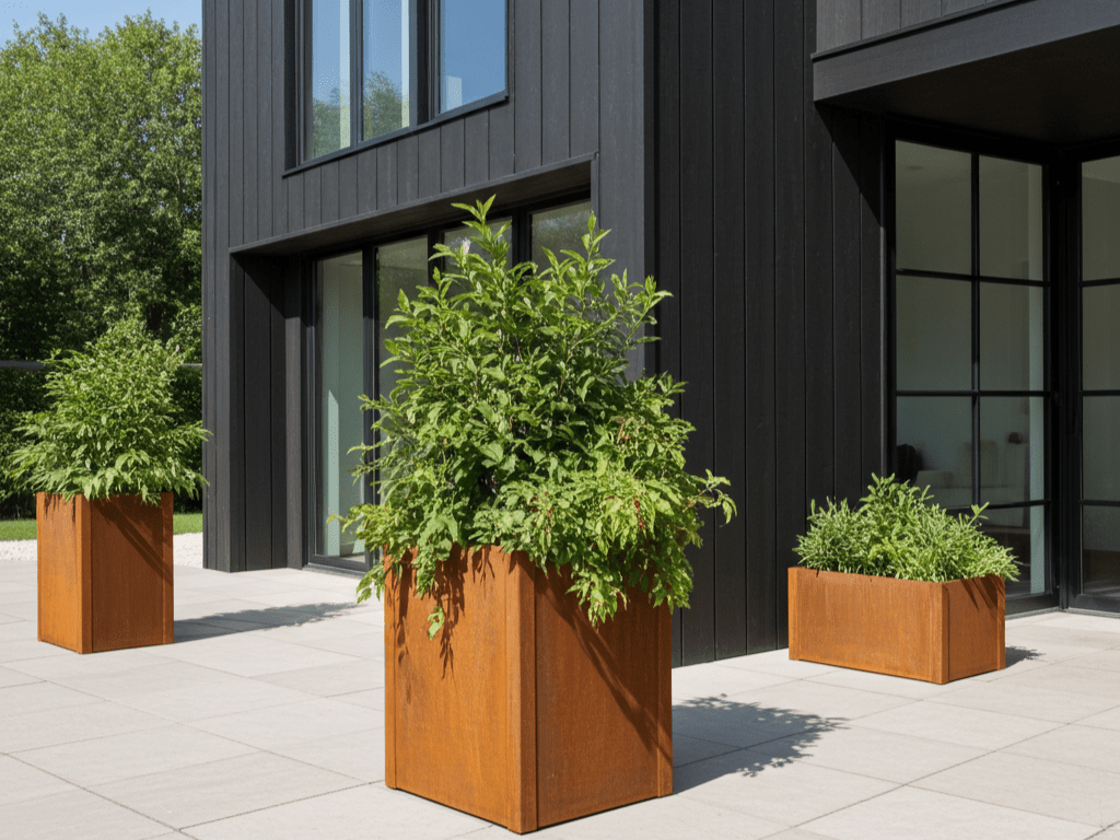 byJEMA CUBY plantekasse i cortenstål 40 x 40 x 80 cm med grønne planter på moderne terrasse