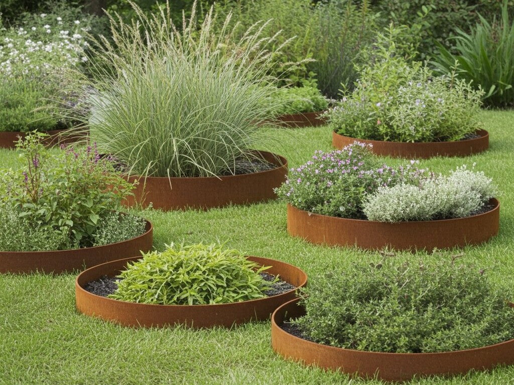 Rund bedring i cortenstål fra byJEMA på specialmål med stauder og prydgræs