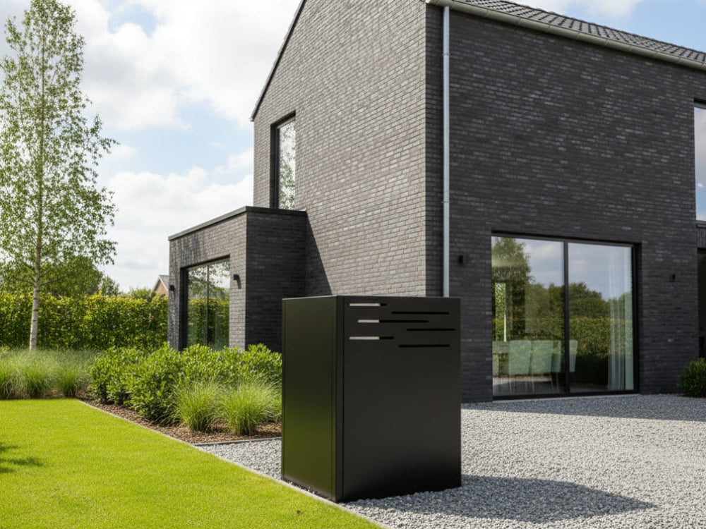 byJEMA skraldespandsskjuler i sortlakeret stål med moderne minimalistisk design