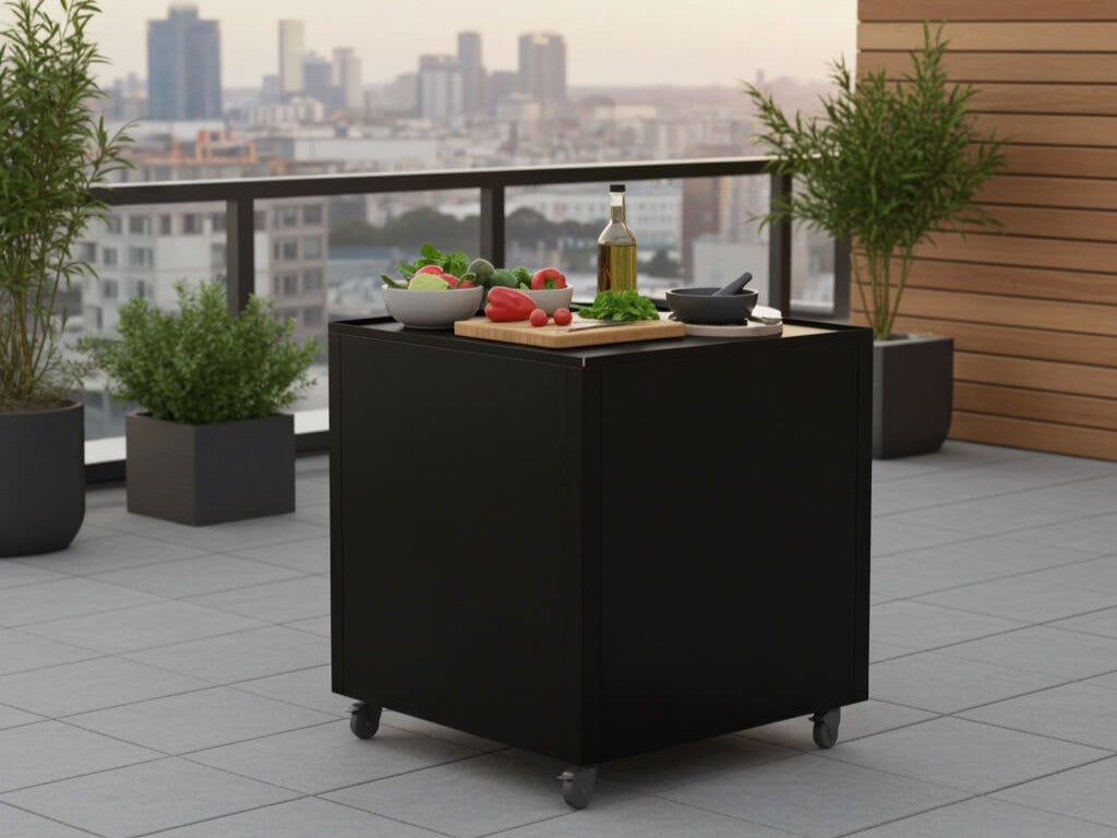 byJEMA udekøkkenbord i sortlakeret stål med hjul placeret på moderne terrasse med byudsigt