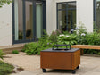 CUBY bålgrill i cortenstål i grøn gårdhave med beplantning og bænk