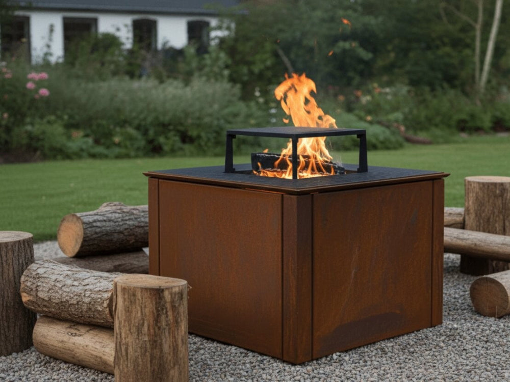 CUBY bålgrill i cortenstål med levende flammer i grøn naturhave