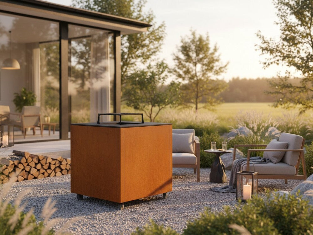 CUBY bålgrill i cortenstål på terrasse i solnedgang med loungemøbler og varm stemning