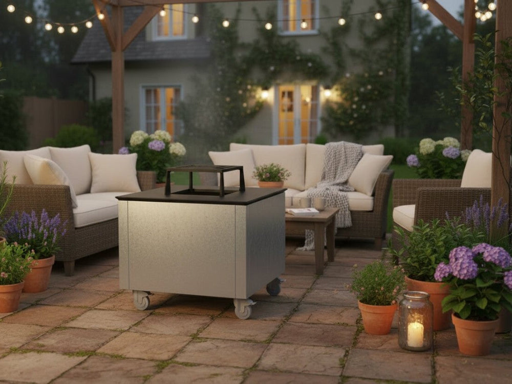 CUBY bålgrill i galvaniseret stål i stemningsfuldt terrassemiljø med lys