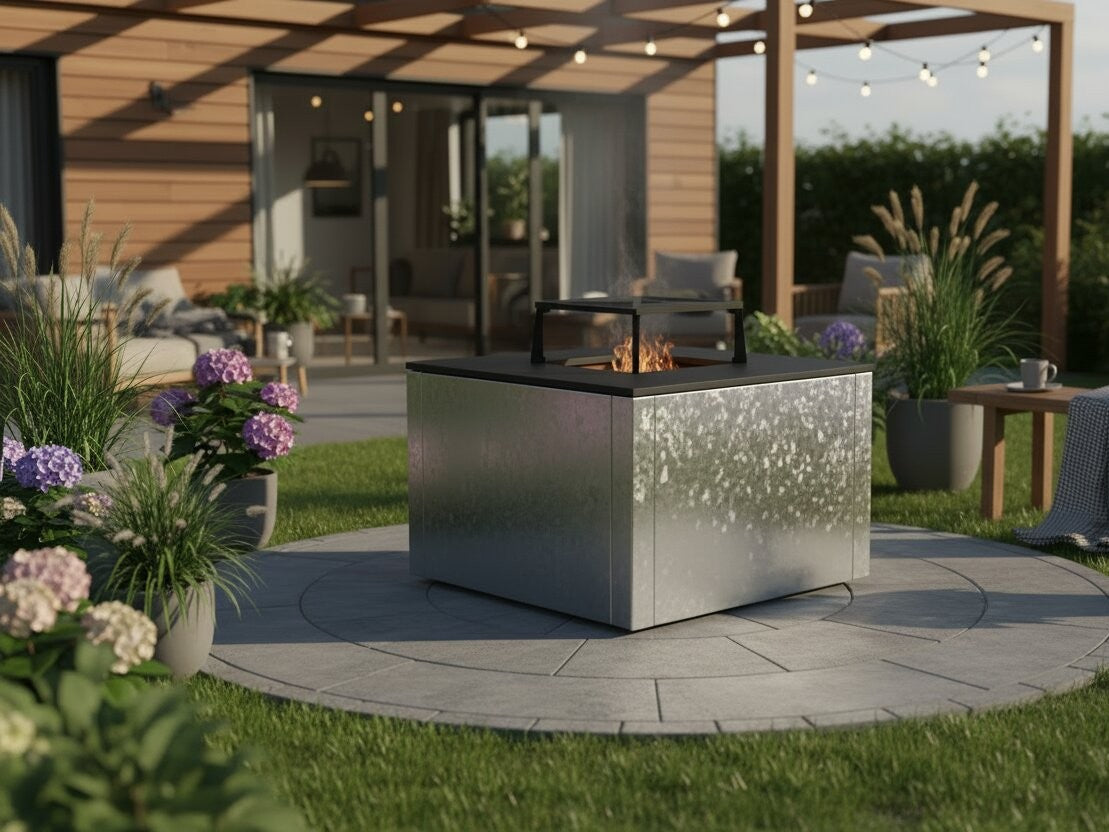 CUBY bålgrill i galvaniseret stål placeret i rund terrasse med grønt havedesign