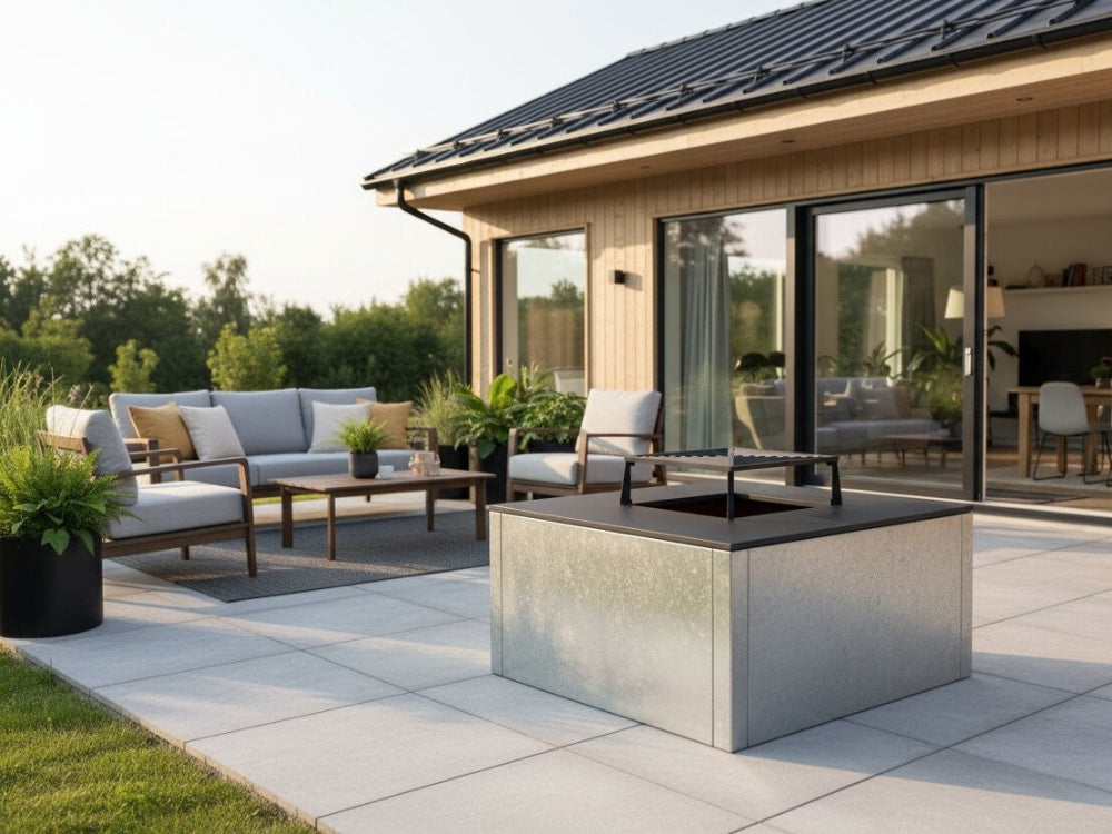 CUBY bålgrill i galvaniseret stål på moderne terrasse ved arkitekttegnet hus