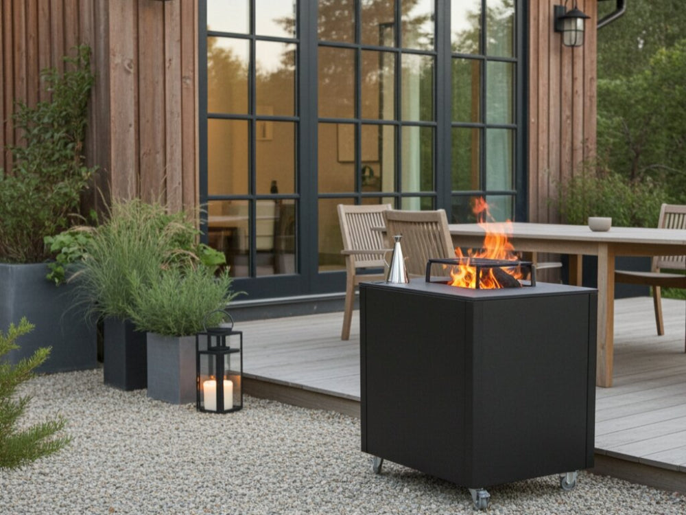 CUBY bålgrill i sortlakeret stål på terrasse med lanterner, grus og hyggelig aftenstemning