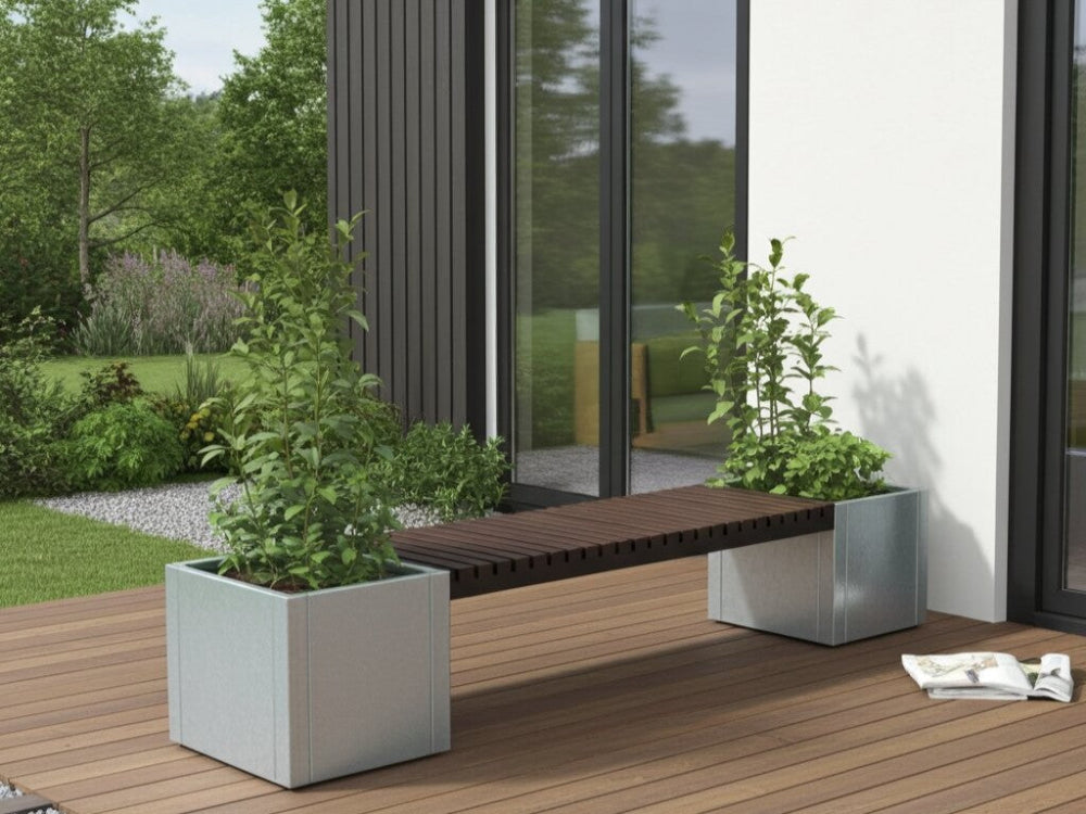 CUBY bænksæt i galvaniseret stål med moderne havebænk og plantekasser