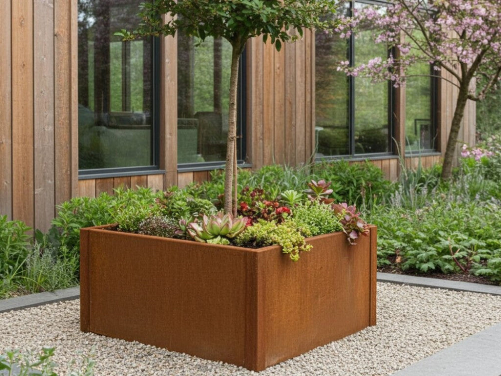 CUBY plantekasse i cortenstål med lille træ og bunddækkeplanter i naturhave