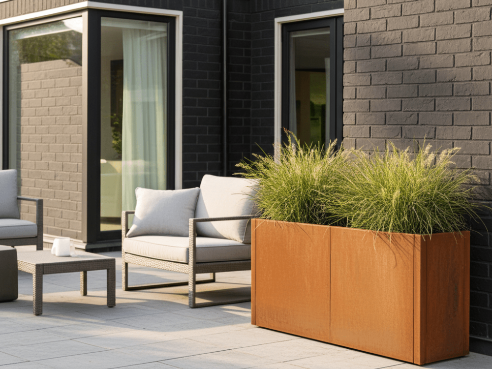 CUBY plantekasse i cortenstål med græsser ved siddeområde på terrasse