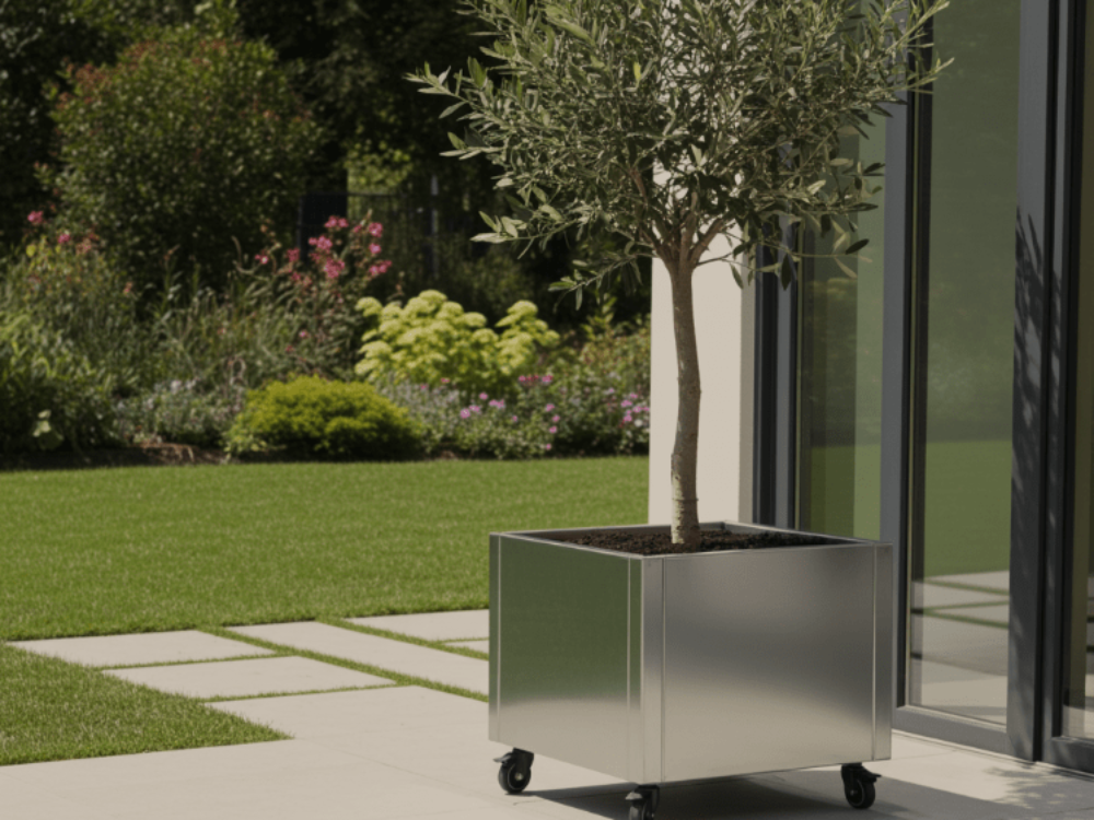 Galvaniseret plantekasse på hjul med oliventræ, placeret på fliser ved en moderne bolig.