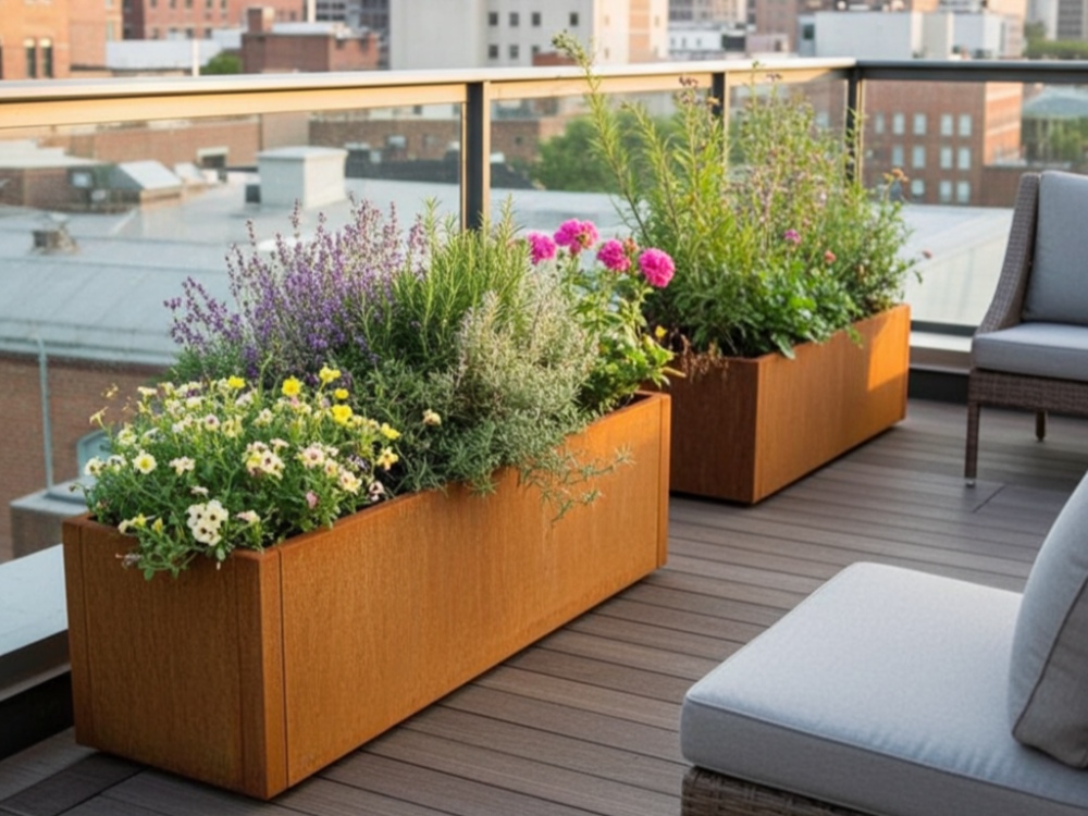 CUBY plantekasse i cortenstål med blomster på altan