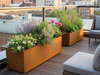 CUBY plantekasse i cortenstål med blomster på altan