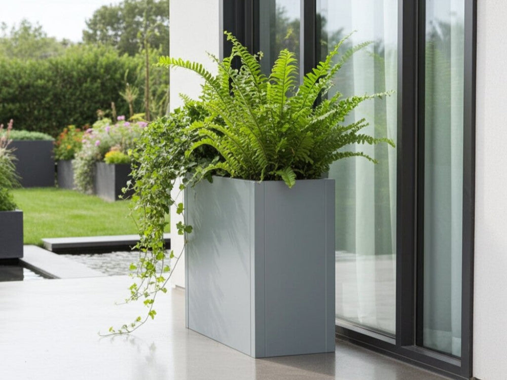 CUBY aflang høj plantekasse i galvaniseret stål med bregner placeret ved glasparti