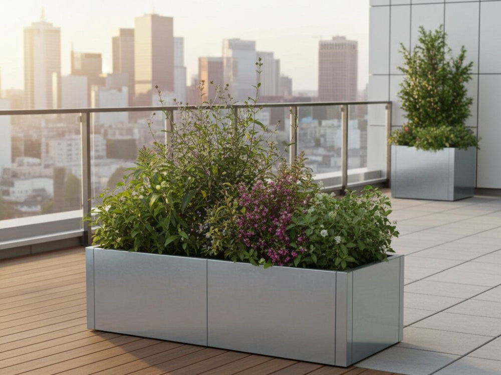 CUBY lav plantekasse i galvaniseret stål med blomster på tagterrasse i bymiljø