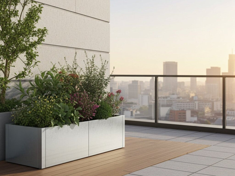 CUBY lav plantekasse i galvaniseret stål med varierede planter på urban terrasse