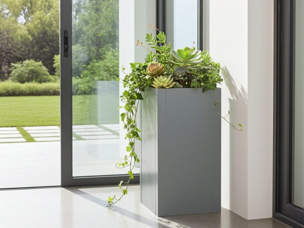 CUBY plantekasse i galvaniseret stål med grønne planter placeret ved glasparti