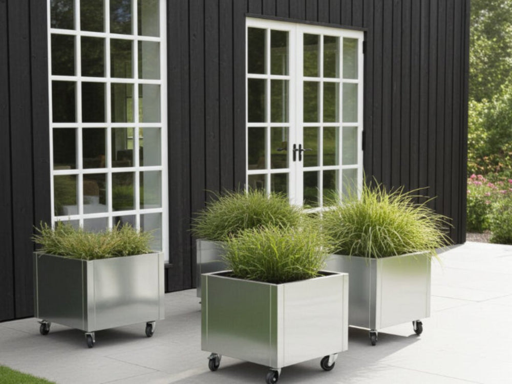 Plantekasse i galvaniseret stål placeret ved facade med vinduer