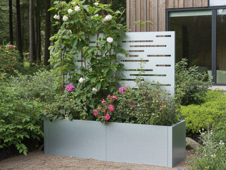 Galvaniseret plantekasse med espalier og blomstrende klatreplante
