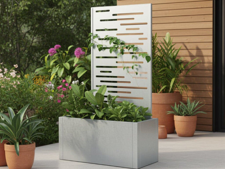 Plantekasse med espalier i galvaniseret stål omgivet af terrakottakrukker