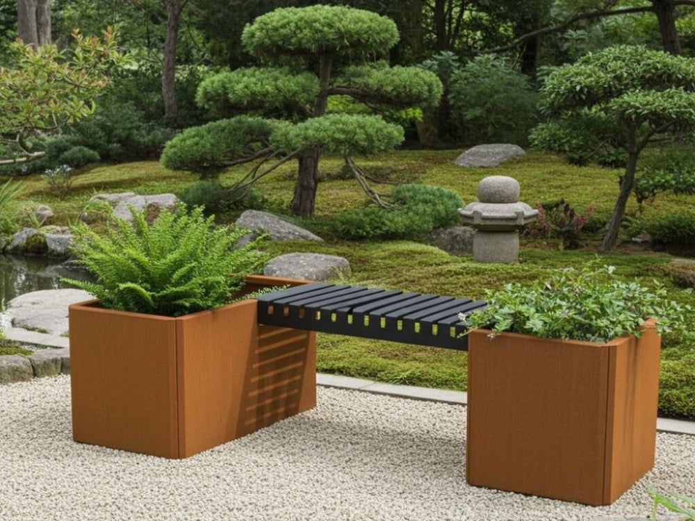 EDGY lille bænksæt i cortenstål med plantekasser og bænk