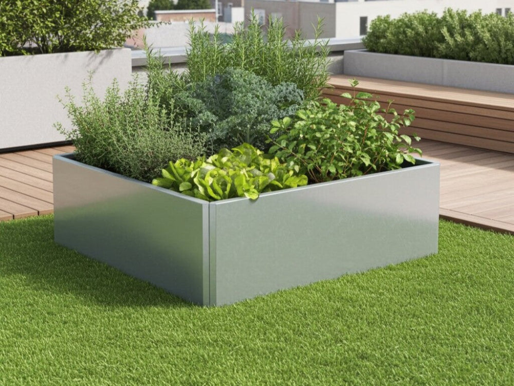Kvadratisk EDGY højbed i galvaniseret stål med frodig beplantning på tagterrasse