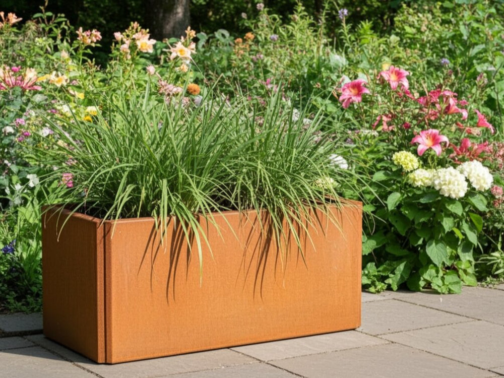 EDGY kompakt rektangulær plantekasse i cortenstål med stauder