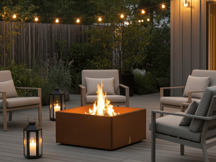 Firkantet bålkar i cortenstål med levende ild placeret på træterrasse omgivet af loungemøbler, lanterner og lyskæde i haven