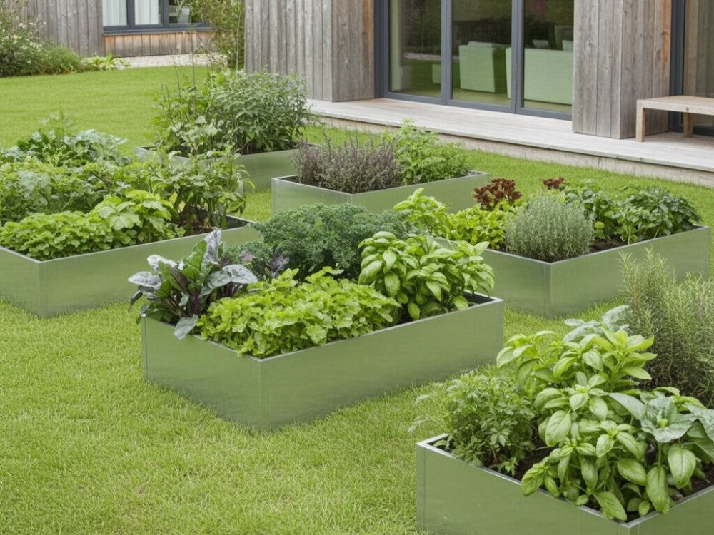 Galvaniserede højbed i stål med salat, krydderurter og grøntsager i privat køkkenhave