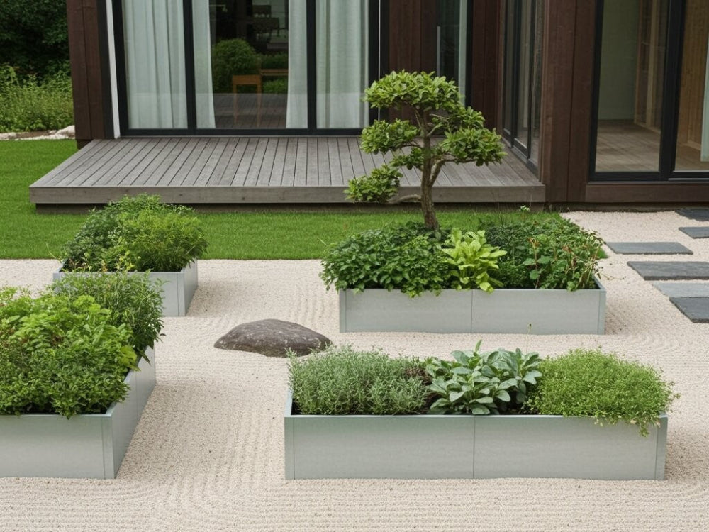 Galvaniserede højbed med planter og lille bonsaitræ i minimalistisk zenhave med sand