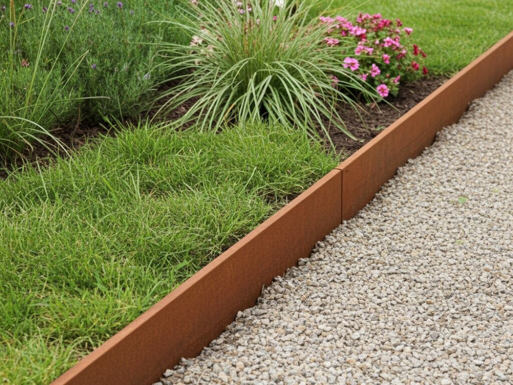 Græskant i cortenstål mellem græsplæne og grusgang i have