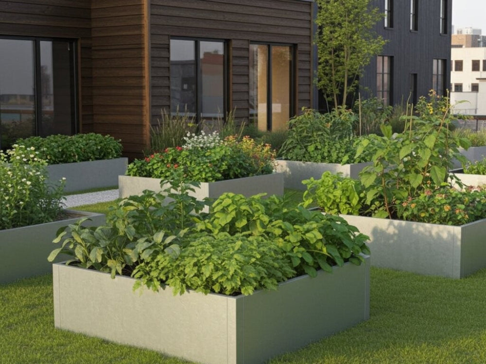 Højbed i galvaniseret stål med grøntsager og blomster i moderne have ved nybyggeri