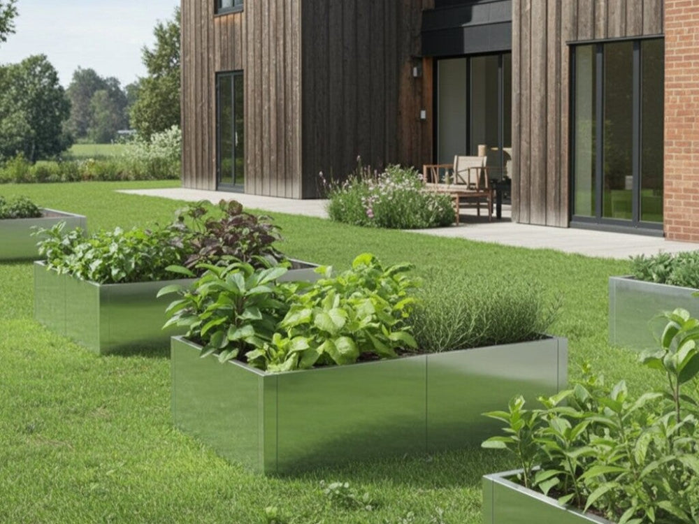 Højbed i galvaniseret stål med planter og urter i villahave ved terrasse