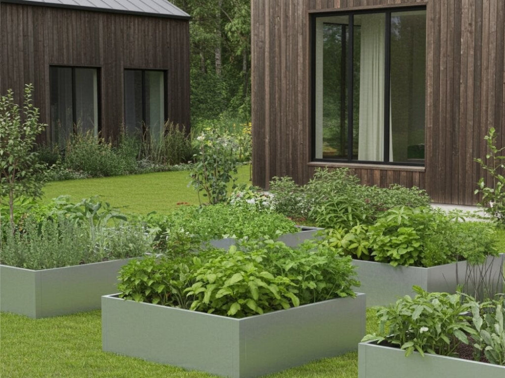 Flere højbed i galvaniseret stål med planter og urter i moderne villahave ved træfacade