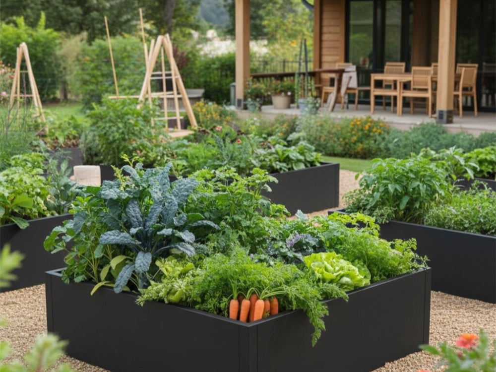 Sort højbed i stål med grøntsager i moderne køkkenhave ved terrassemiljø
