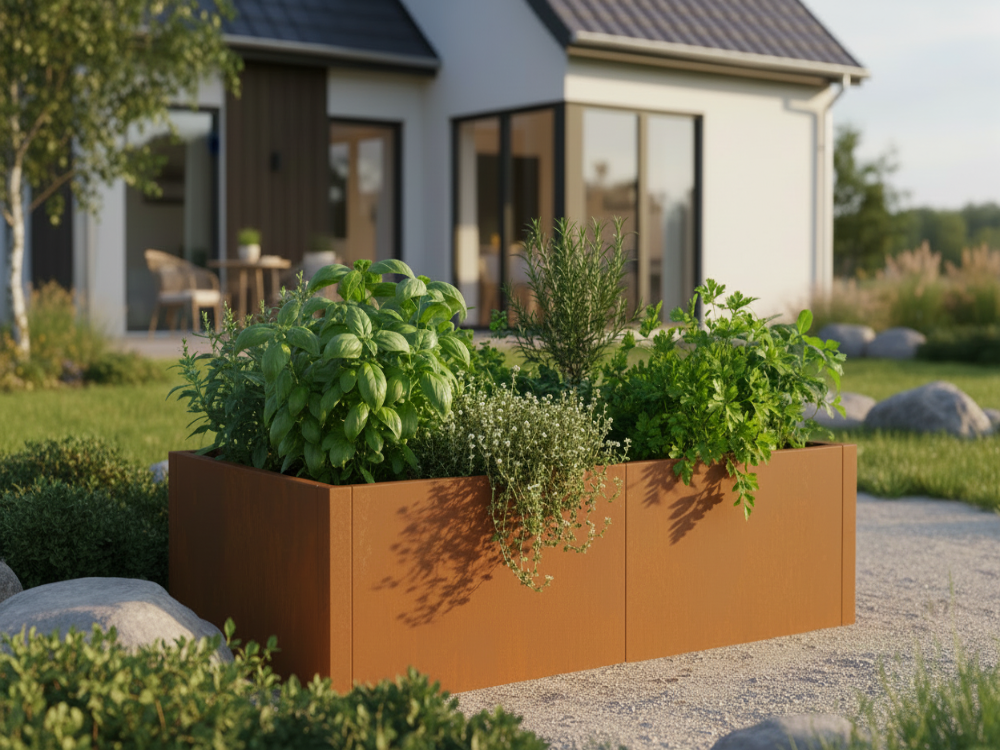 CUBY højbede i cortenstål med grøntsager og krydderurter i moderne køkkenhave foran moderne bolig.