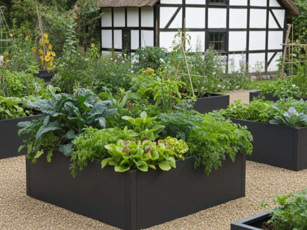 Sorte højbed i stål med blandede grøntsager i traditionel køkkenhave