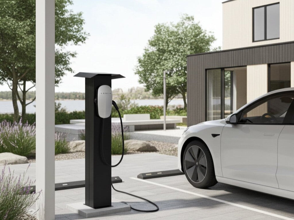 Sort laderstander til elbil ved parkeringsplads