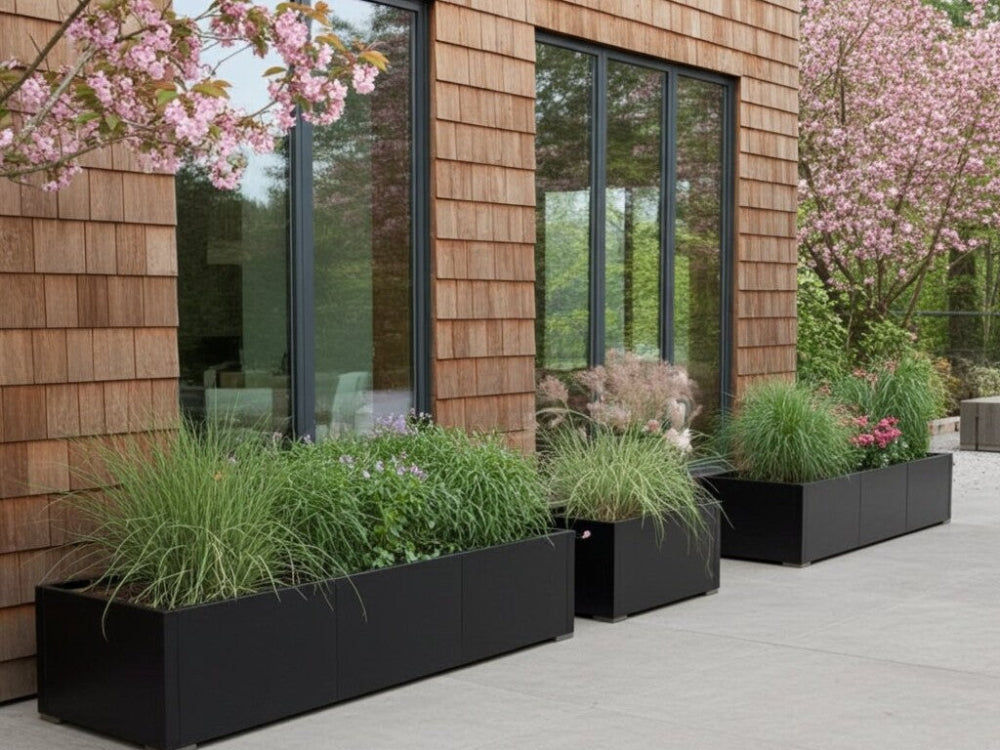 Lange sorte plantekasser i stål med græsser og blomstrende planter langs husfacade