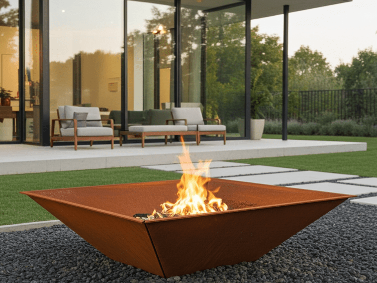 Lavt firkantet bålkar i cortenstål med åben ild placeret i haven foran moderne hus med glasfacade og terrasse